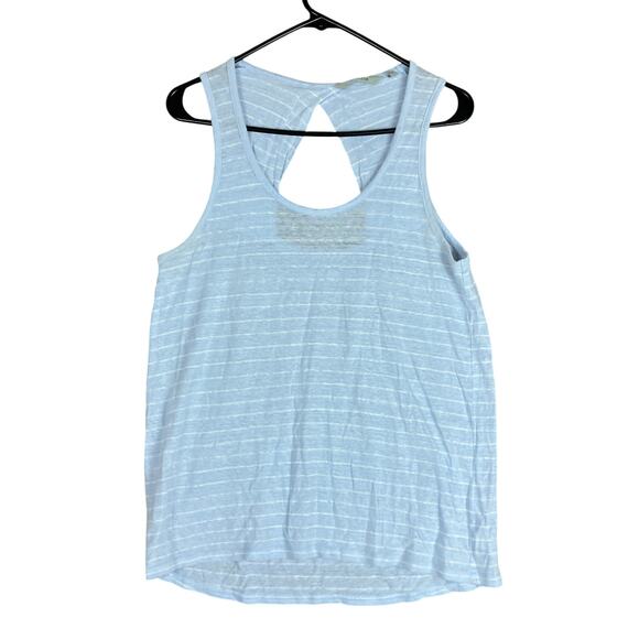 Athleta Womens Blouse Blue White Stripe 100% Linen Key Hole Tank Small - Picture 1 of 12
